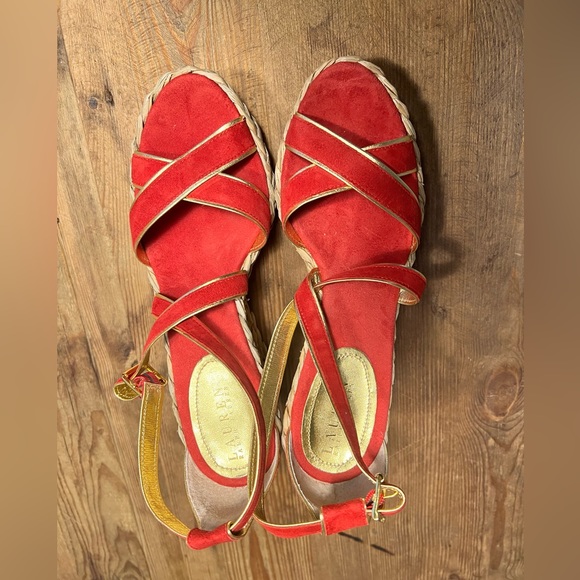 Ralph Lauren red and Gold Suede heels with macrame wedges - Picture 2 of 6